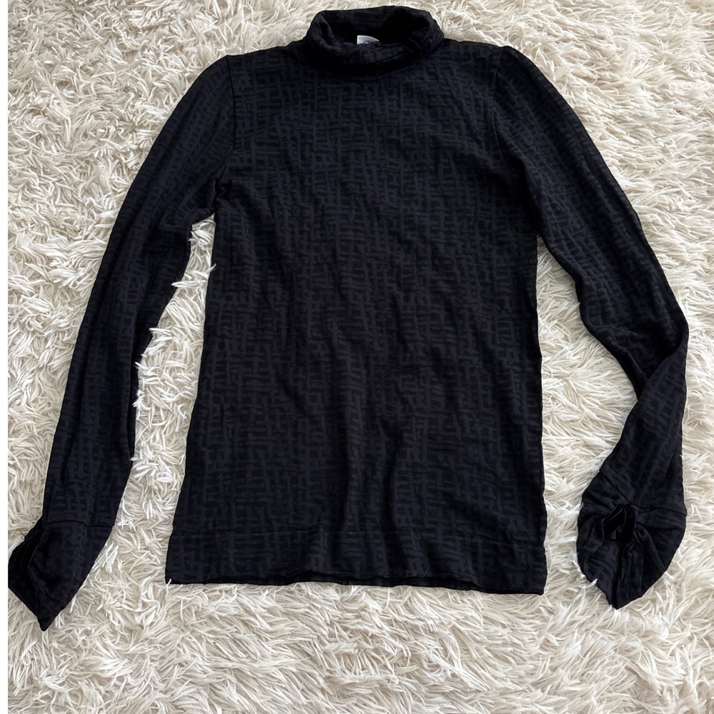 Philippe Matignon Black Geometric Logo Mock Neck Long Sleeve Top S M‎